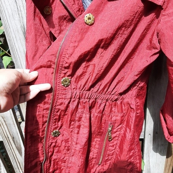 G.E.T. Red Hooded Trench Coat Lightweight Zip Up Jacket Toll-Tab Sleeve - Picture 10 of 16